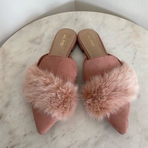 Aldo pink faux fur mules